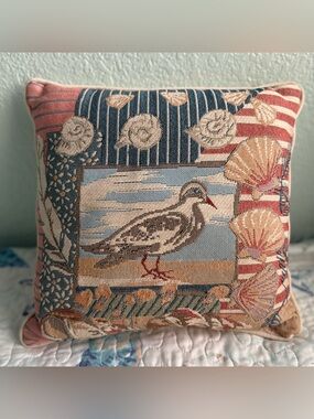 Vtg Americana Patriotic Beachside Coastal Bird Square Throw Tapestry Pillow 12”